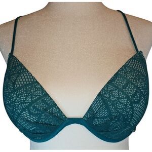 Victoria Secret‎ Lace Crochet Bikini Top 34C Emerald Green Pink TasselsTie Back